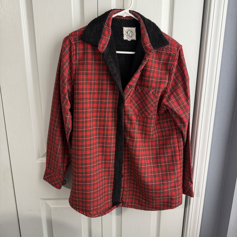 Tees2urdoor‎ Red Black Tartan Plaid Flannel Sherpa Lined Shacket Women's Size M